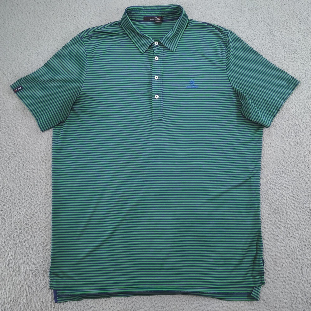 RLX Ralph Lauren Polo Shirt Mens XL Green Blue Striped Performance Stretch READ